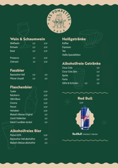 Les Pompettes Getränkekarte2 Speisekarte mit Getränken, Snacks und verschiedenen Gerichten.