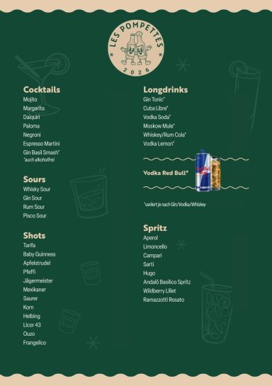 Les Pompettes Getränkekarte Cocktail- und Getränkekarte mit verschiedenen Kategorien und Auswahlmöglichkeiten.