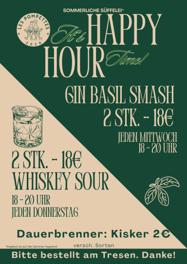 Ankündigung für Happy Hour mit Angeboten für Gin Basil Smash und Whiskey Sour.